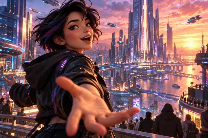 Verspielte animierte Figur, die aus einer futuristischen Stadt eine dramatische Nachricht übermittelt.
