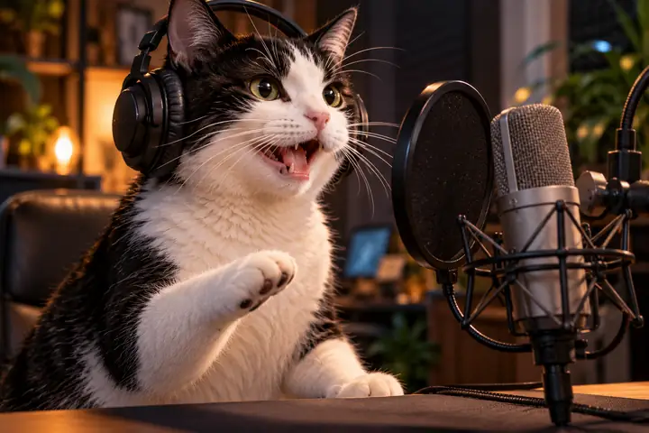 Ausdrucksstarke weiß-schwarze Katzenfigur, die für Text-to-Speech in ein Studiomikrofon spricht.