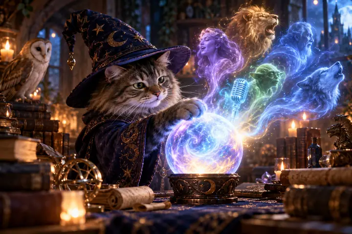 Fantasievolle Katzen-Zauberin, die eine leuchtende Kugel hält und Stimmklonen erkundet.