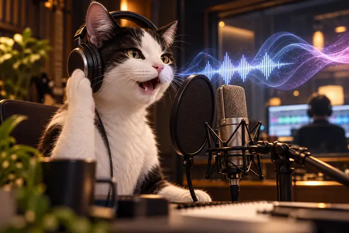 Weiß-schwarze Katzenfigur mit Kopfhörern, die in einem Studio eine gesprochene Stimme konvertiert.