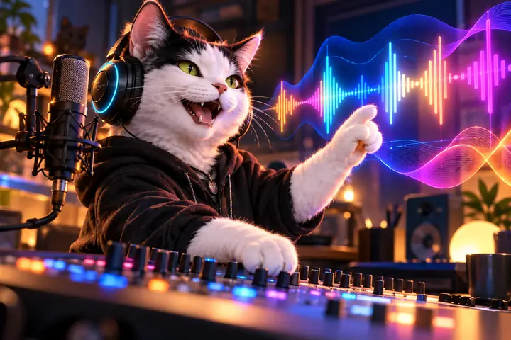 Selbstbewusste weiß-schwarze Katzenfigur, die neben farbenfrohen Klangreglern eine neue Stimme gestaltet.