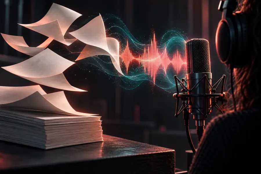 Fakeyou text-to-speech workspace showing a written script and generated voice preview