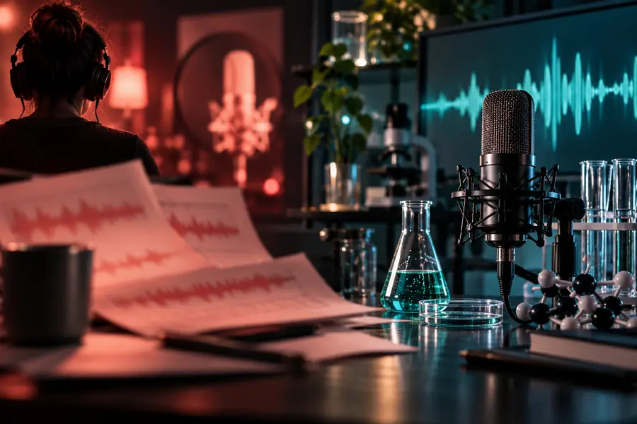 Unpräzises Briefing für ein Stimmbeispiel neben einem Beispiel eines Wissenschaftsmoderators